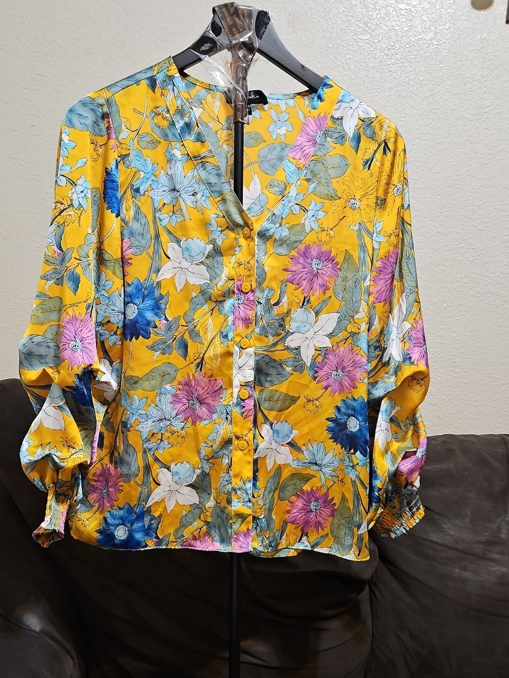Yellow Floral Button-Front V-Neck Blouse with Smocked Cuffs